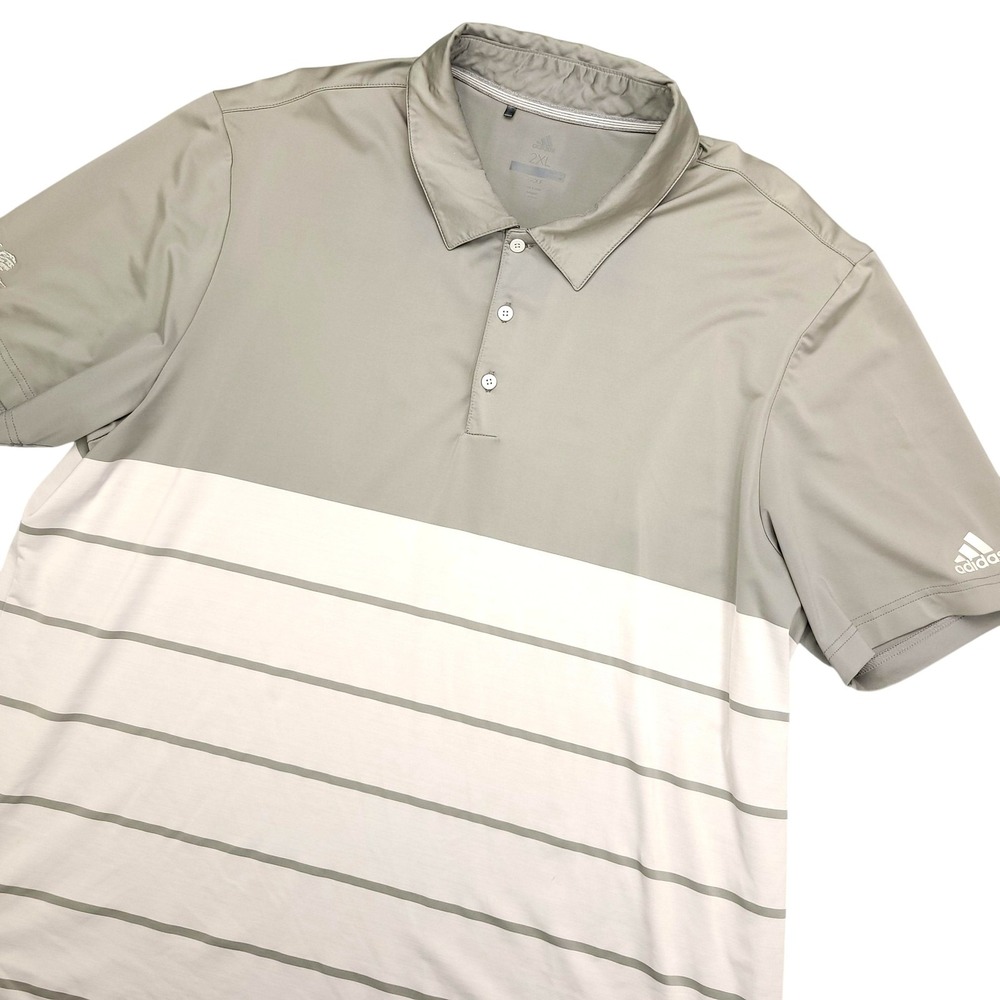 Adidas Golf Polo Shirt Mens 2XL Gray White Stripe Champions Run Golf Performance